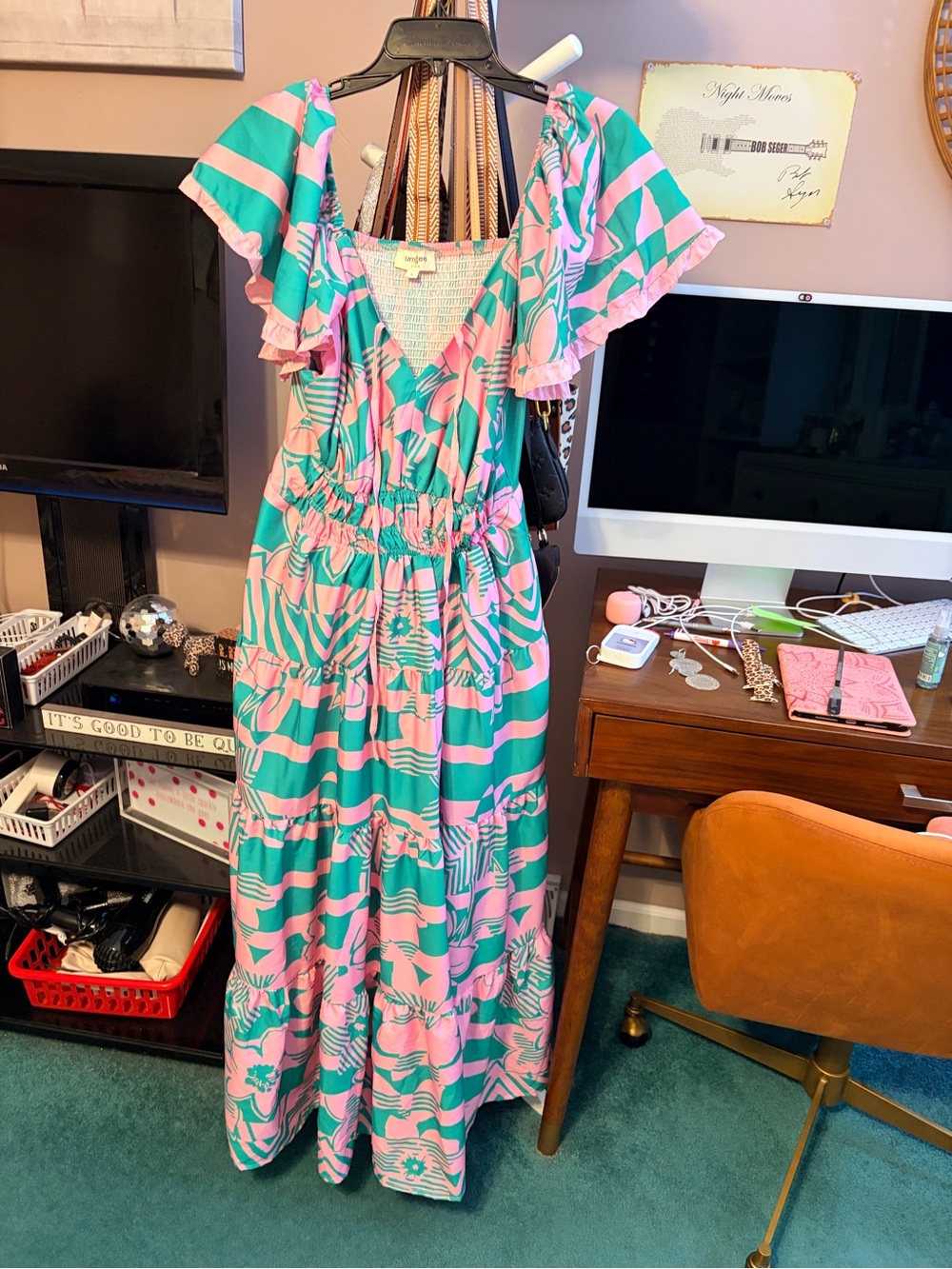 Umgee Pink & Teal Tropical V-Neck Maxi Dress